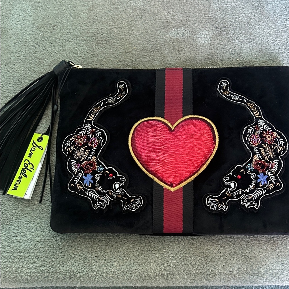 Sam Edelman Black Suede Clutch with Red Heart and Embroidered Panthers